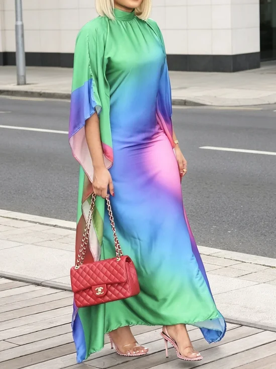 Elegant Gradient Pattern Stand Collar Maxi Dress