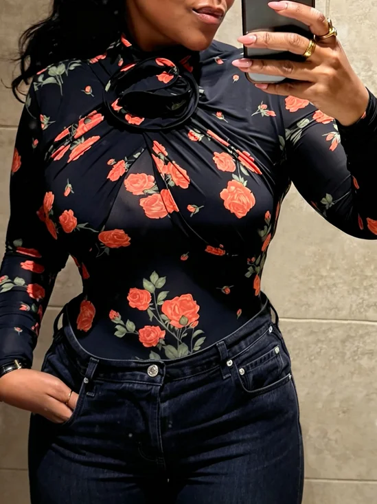 High Elasticity Elegant Floral 3D Floral Long Sleeve Blouse
