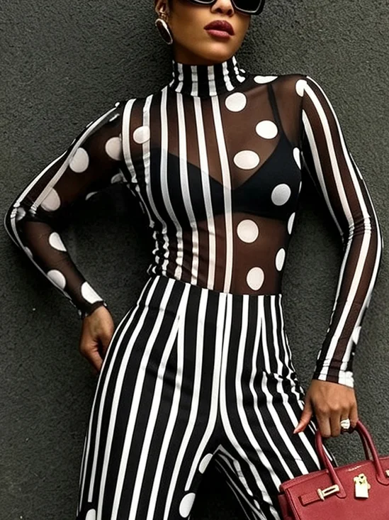 Urban Polka Dots Striped Printing Stand Collar T-shirt