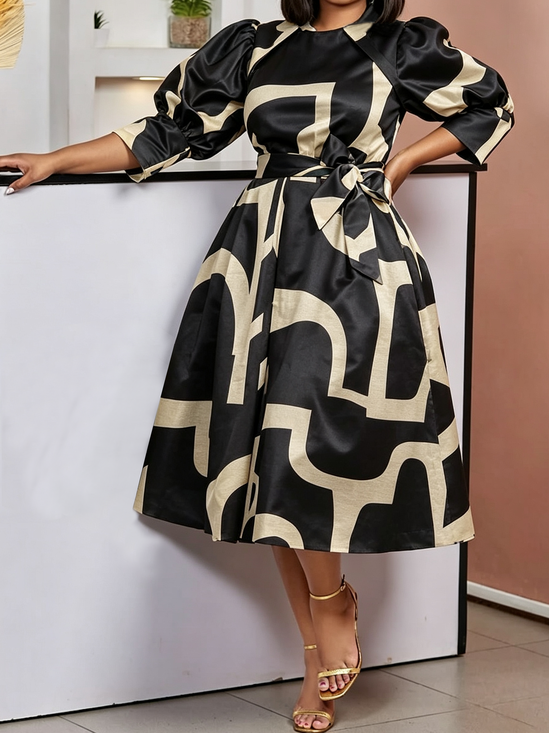 Elegant Geometric Puff Sleeve Crew Neck Midi Dress With Belt