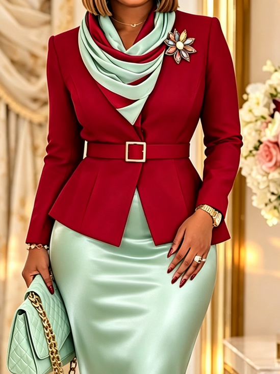 Urban Buttoned Polka Dots Cross Neck Blazer With Belt With Scarf