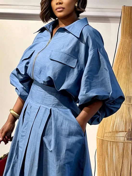 Urban Balloon Sleeve Plain Shawl Collar Soft Tencel Denim Jacket