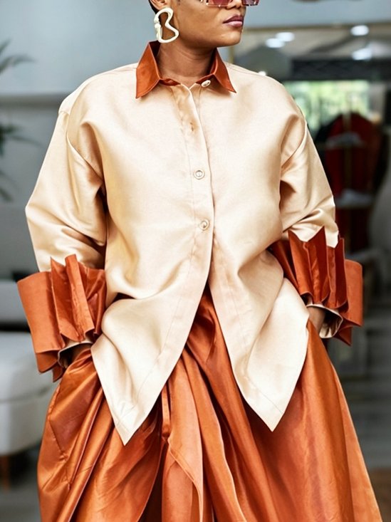 Elegant Color Block Split Joint Shirt Collar Shirt