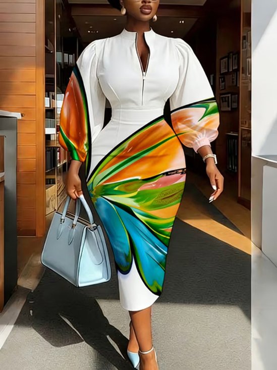 Elegant Random Print Puff Sleeve Printing Stand Collar Midi Dress