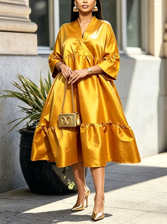Elegant Plain Ruched Shawl Collar Loosen Midi Dress
