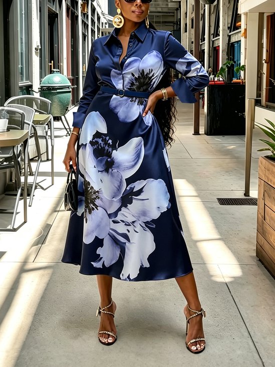 Elegant Floral Printing Shirt Collar Midi Dress No Belt