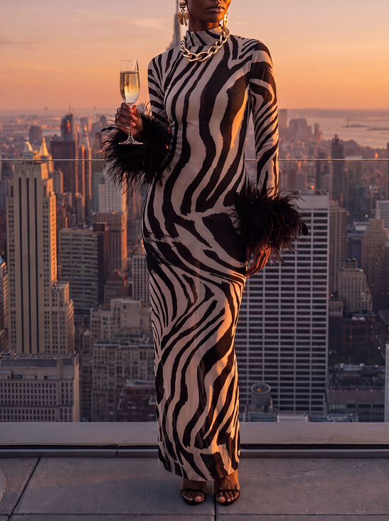 Elegant Animal Print Printing Mock Neck Maxi Dress