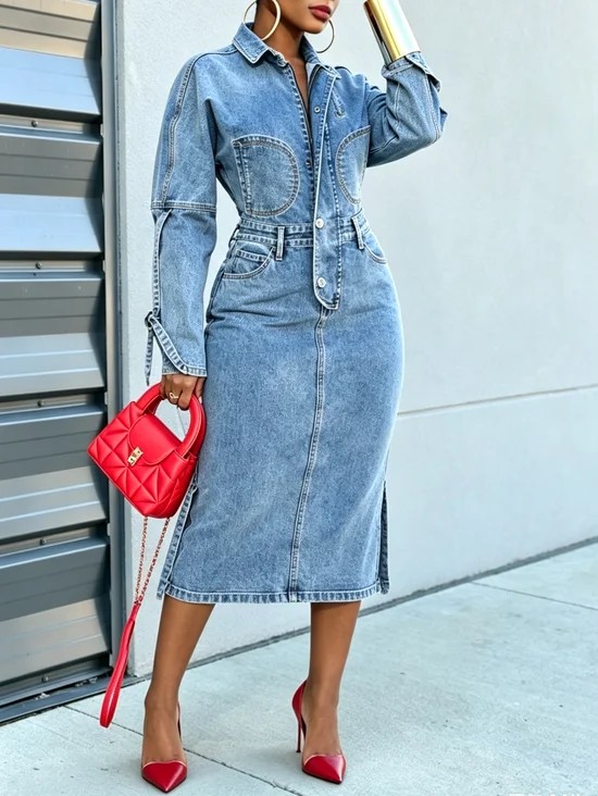 Denim Casual Plain Zipper Shawl Collar Midi Dress