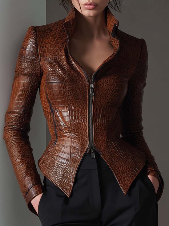 Urban Plain Stand Collar Faux Leather Coat