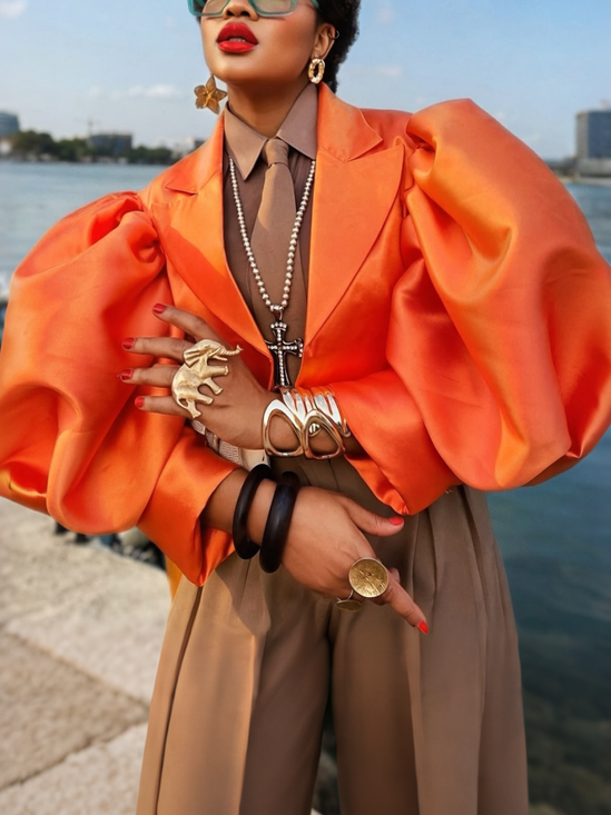 Urban Puff Sleeve Plain Lapel Collar Jacket