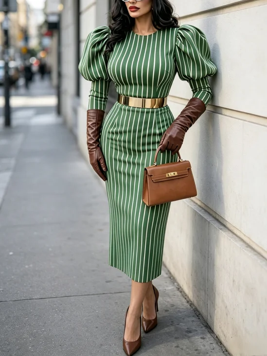 Elegant Striped Puff Sleeve Printing Midi Dress No Belt