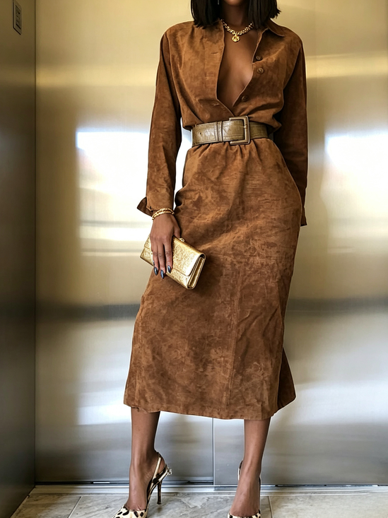 Elegant Plain Shawl Collar Midi Dress No Belt