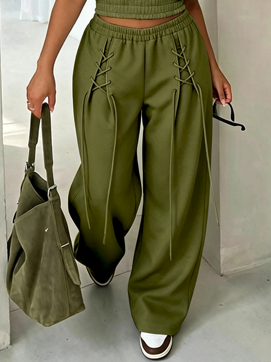 Casual Plain Lace-up Straight Pants