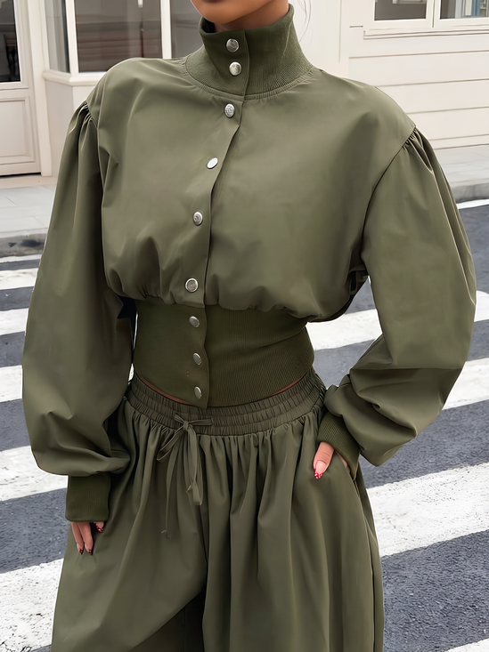 Casual Buttoned Plain Turtleneck Jacket