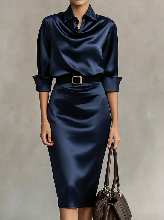 Elegant Satin Knee Length Shirt Dress 3/4 Sleeve Summer Party