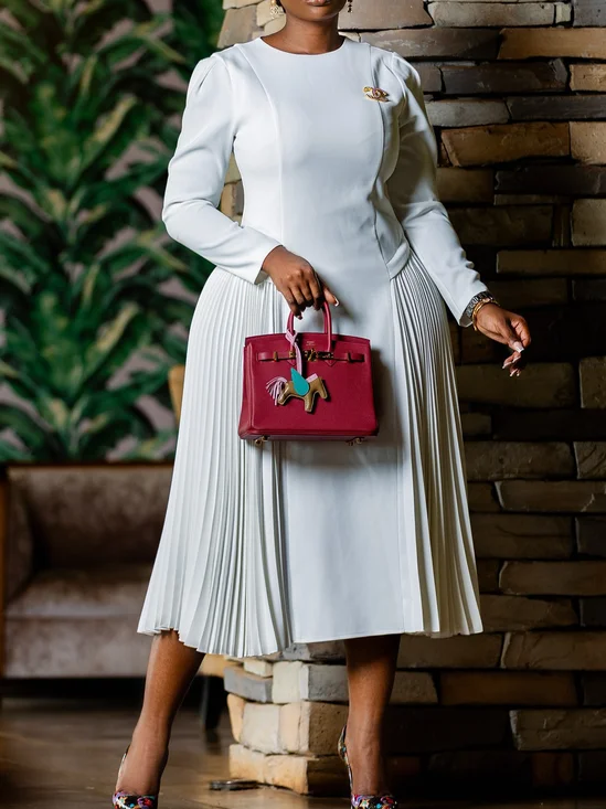Elegant Plain Crew Neck Long Sleeve Midi Dress