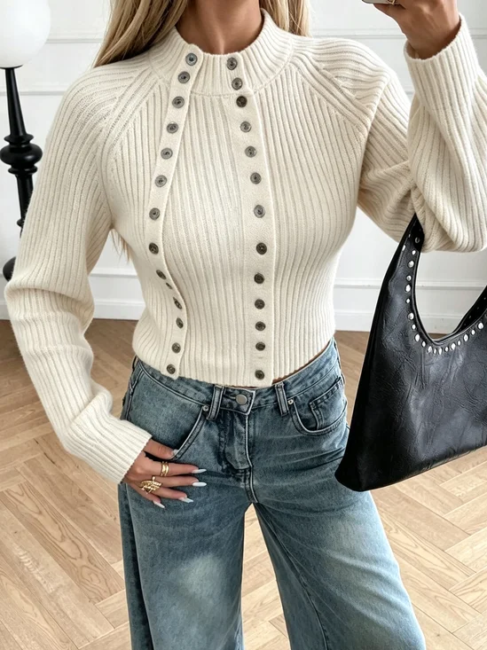 Casual Plain Buttoned Mock Neck Sweater