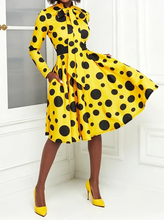 Elegant Polka Dots Stand Collar Knee Length Dress