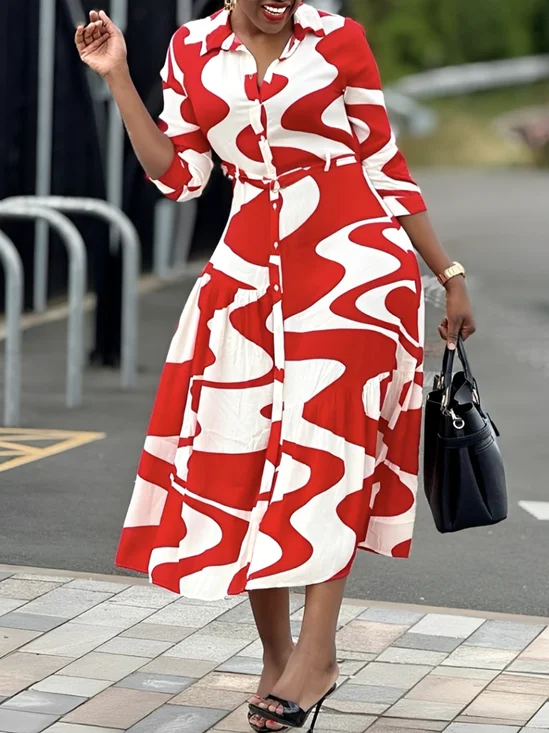 Urban Abstract Geometry Shirt Collar Midi Dress With Belt