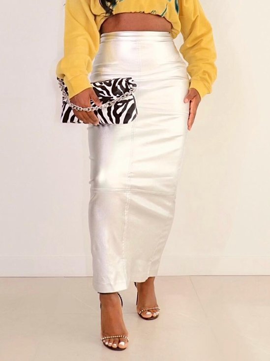 Elegant Plain Maxi Faux Leather Skirt