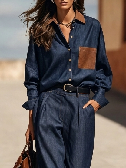 Urban Color Block Split Joint Shirt Collar Denim Shirt