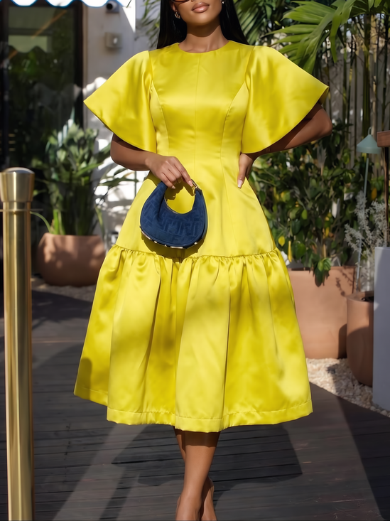 Elegant Plain Gathered Midi Dress