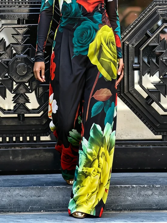 Urban Floral Printing Wide Leg Pants