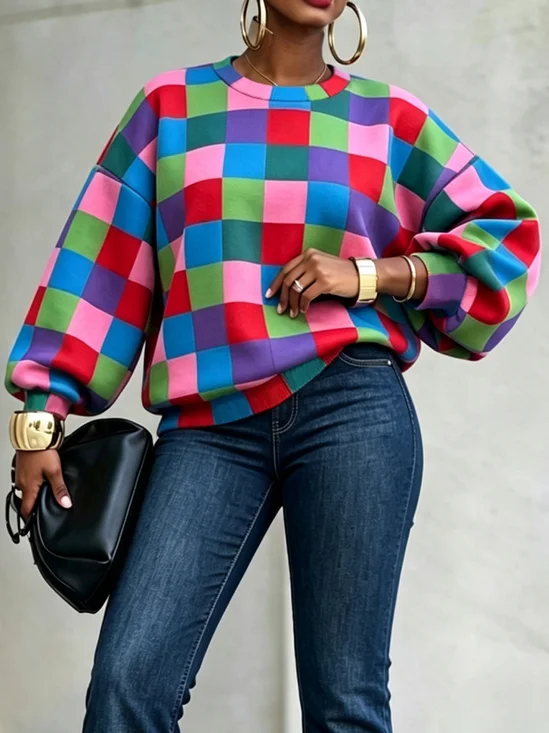 Casual Plaid Printing Crew Neck Loosen Sweatshirt