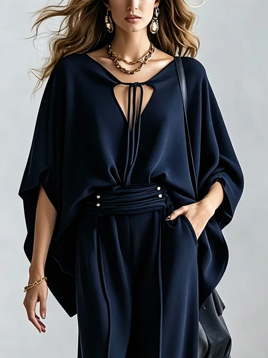 Urban Plain Lace-up V Neck Blouse