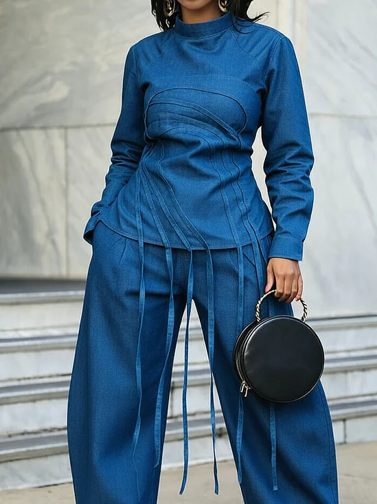 Urban Plain Stand Collar Long Sleeve Denim Top