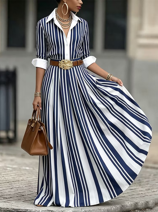 Urban Striped Shirt Collar Maxi Dress No Belt