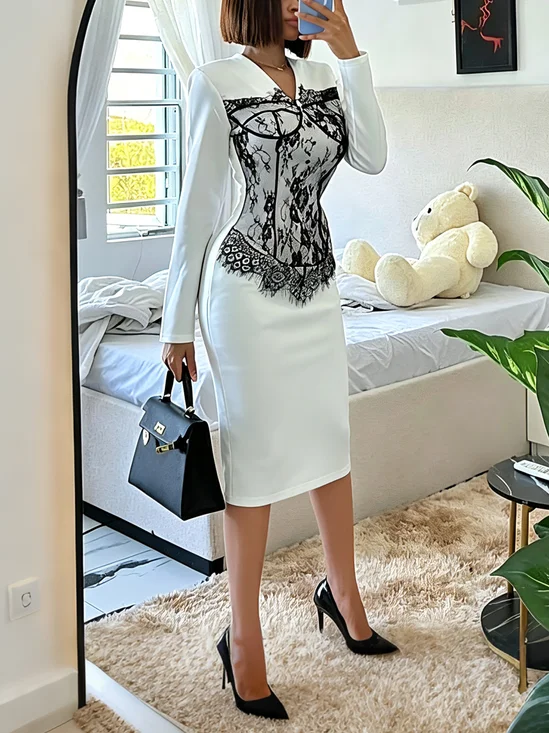Urban Color Block Lace V Neck Midi Dress