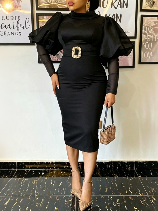 Elegant Plain Mock Neck Midi Dress With Belt