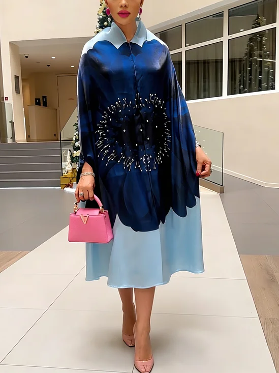 Elegant Floral Printing Stand Collar Midi Dress