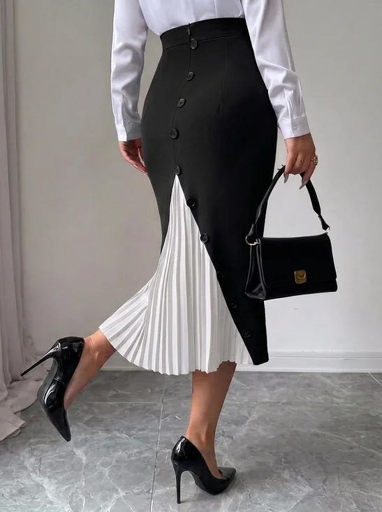 Elegant Split Joint Color Block Midi Skirt