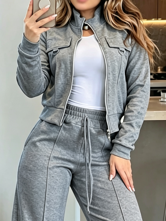 Casual Zipper Plain Mock Neck Jacket
