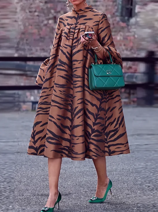 Elegant Zebra Printing Mock Neck Midi Dress