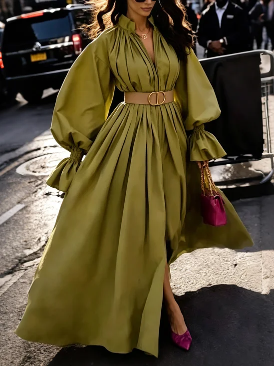 Elegant Plain Stand Collar Maxi Dress No Belt