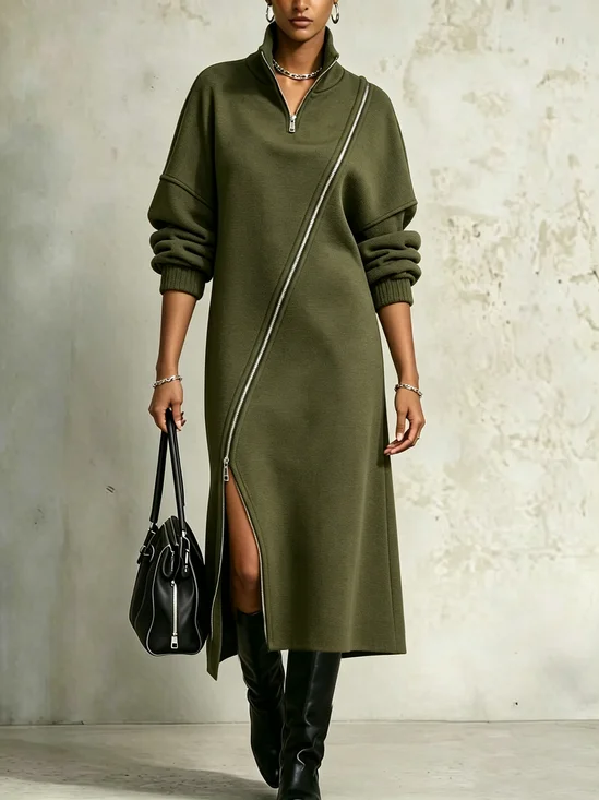 Casual Plain Zipper Mock Neck Maxi Dress