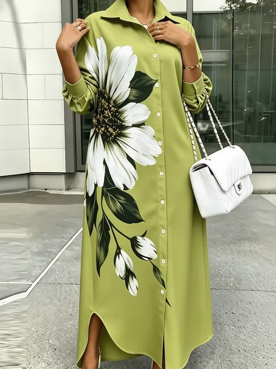 Elegant Floral Printing Shirt Collar Maxi Dress
