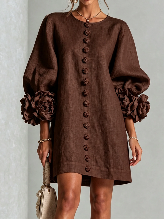 Cotton Urban Plain 3D Floral Crew Neck Mini Dress