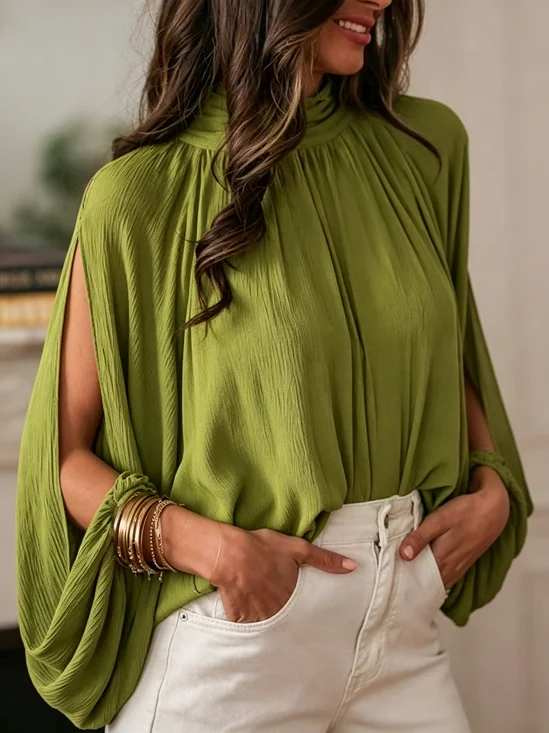 Elegant Plain Gathered Mock Neck Blouse