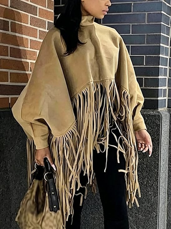 Suede Urban Plain Tassel Stand Collar Faux Leather Top