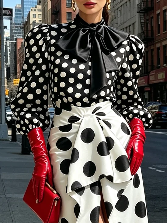 Urban Polka Dots Printing Tie Neck Blouse
