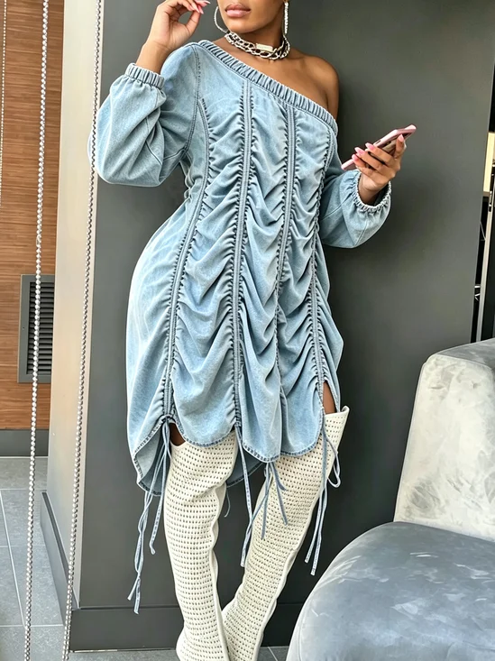 Urban Plain Shirred Cold Shoulder Midi Dress