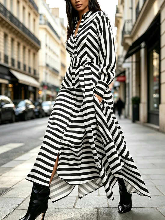 Urban Striped Printing Shirt Collar Maxi Dress With Belt