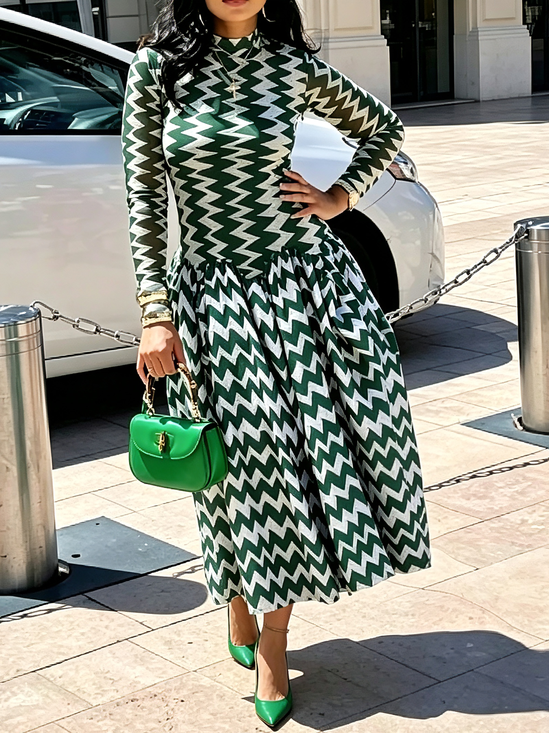 Elegant Chevron Printing Mock Neck Maxi Dress