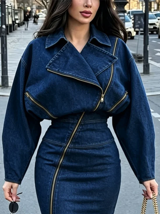 Urban Balloon Sleeve Zipper Plain Lapel Collar Denim Jacket