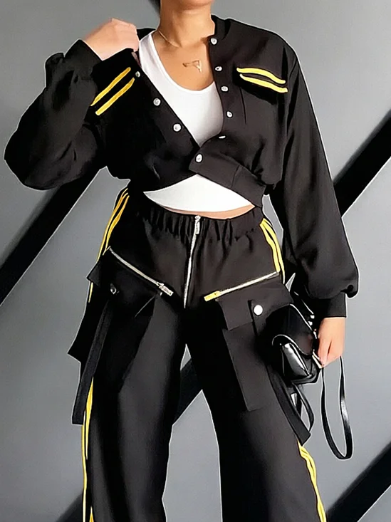 Casual Color Block Crew Neck Long Sleeve Jacket