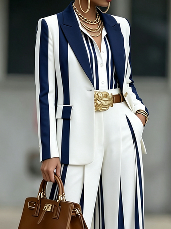 Plus Size Lapel Collar Striped Urban Regular Fit Regular Sleeve Blazer